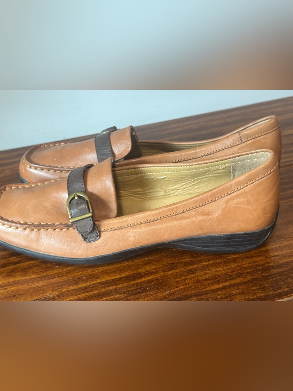 Array Tan Leather Loafers with Dark Brown Buckle Strap
